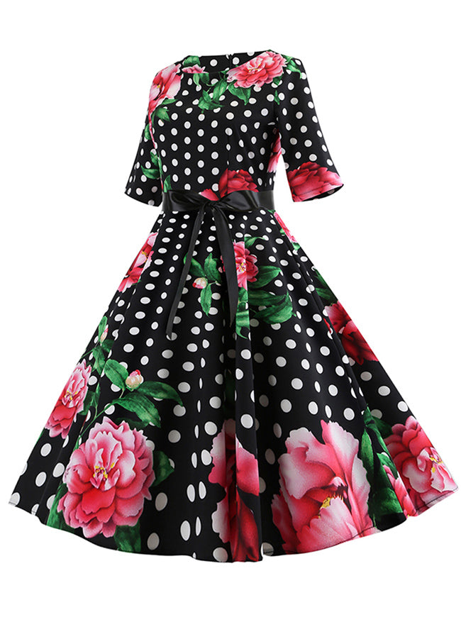Classical Vintage Courtlike Black Floral Round Neck 3/4 Length Sleeve Knee Length A-Line Dress Side View
