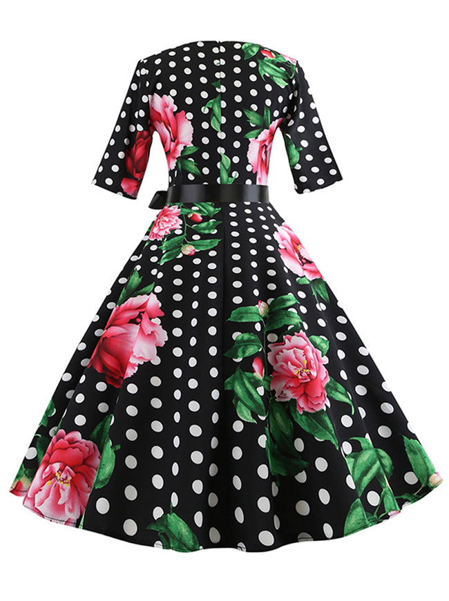 50s Retro Casual All-match Lady Elegant Tea Party Knee Length Babydoll Swing Dress Back View