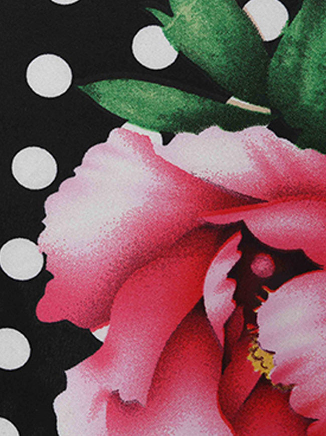 Vintage Rockabilly Pinup Party Bridesmaid High Waist Flare Skater Audrey Hepburn Floral Print Crew Neck Half Sleeve Midi Casual Dress Detail View