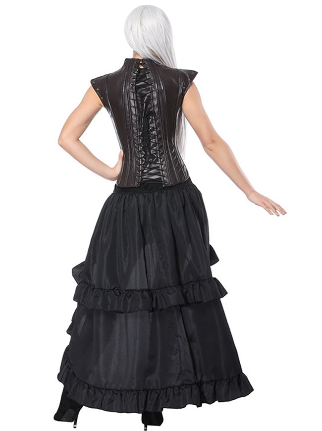 Steampunk Gothic Burlesque Cosplay Party Faux Leather Waist Training Overbust Corset with High Low Skirt