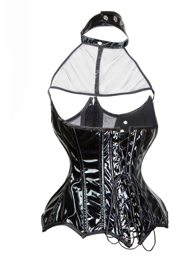 Women Steampunk Sexy Underbust Halter PU Corset Black Back View