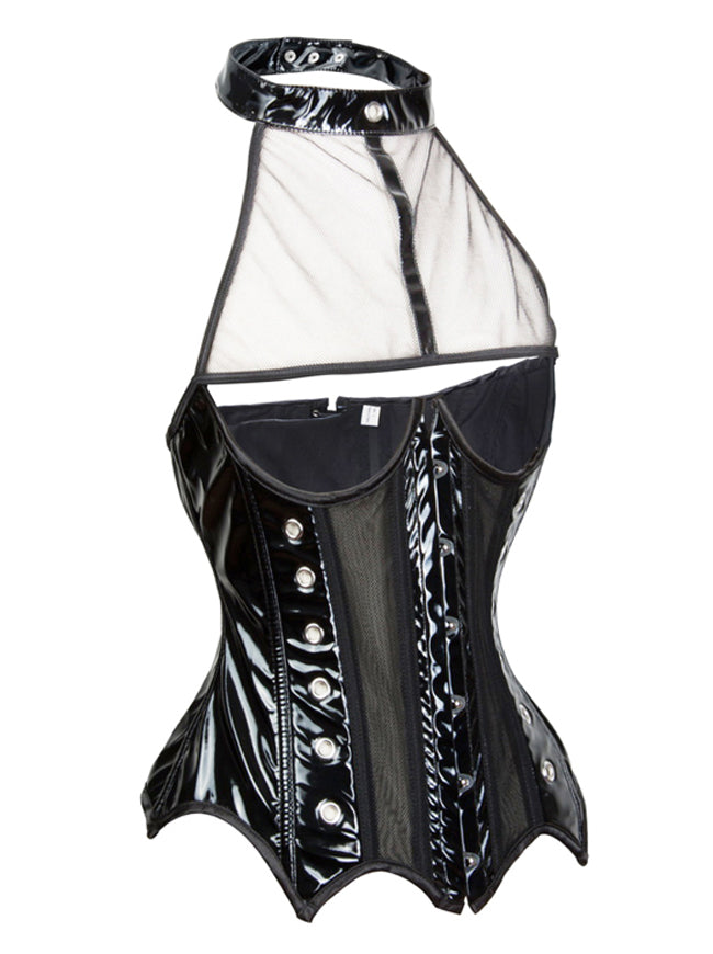 Women Vintage Spiral Steel Boned Underbust Halter PU Corset Black Side View