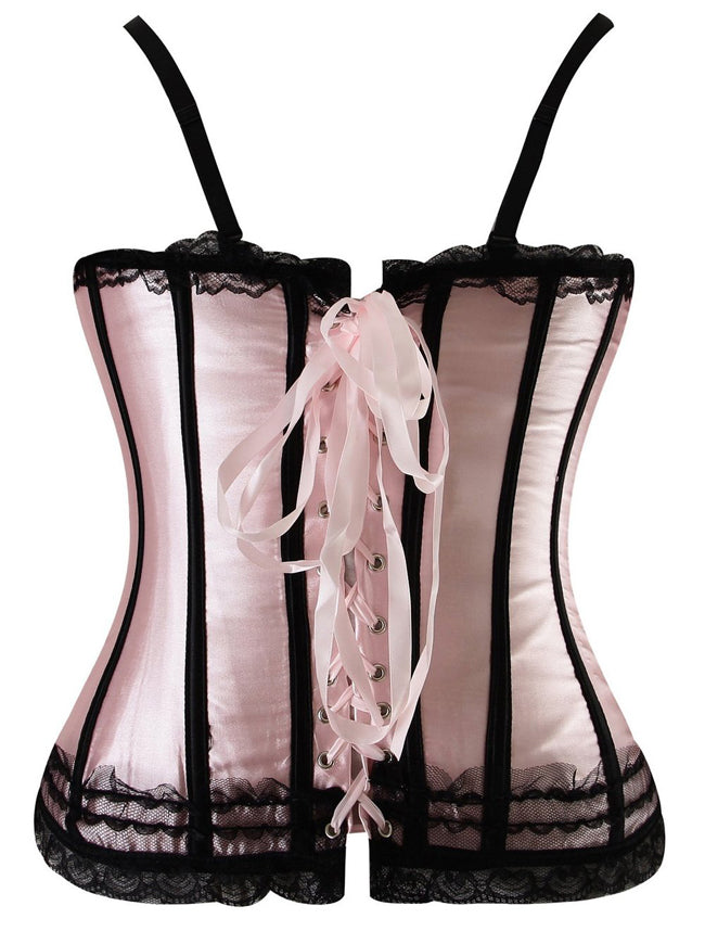 Sexy Retro Women Satin Sweetheart Plastic Boned Spaghetti Straps Lace Up Waist Cincher Corset Tops Back View