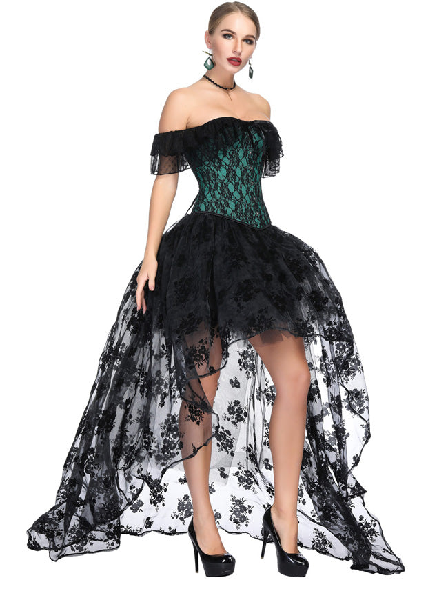 Off Shoulder Lace Up Retro Corset Tops with High Low Skirt