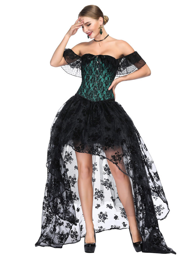 Elegant Lace Victorian Gothic Overbust Corset with Skirt Set