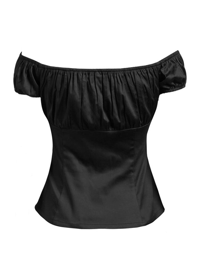 Women's Vintage Short Sleeve Ruffle Tops Off Shoulder T-shirt Black Main View
