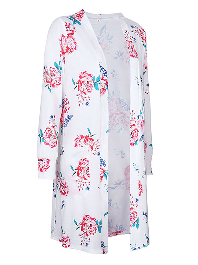 Casual Flower Print Open Front Knit Long Jacket Coats