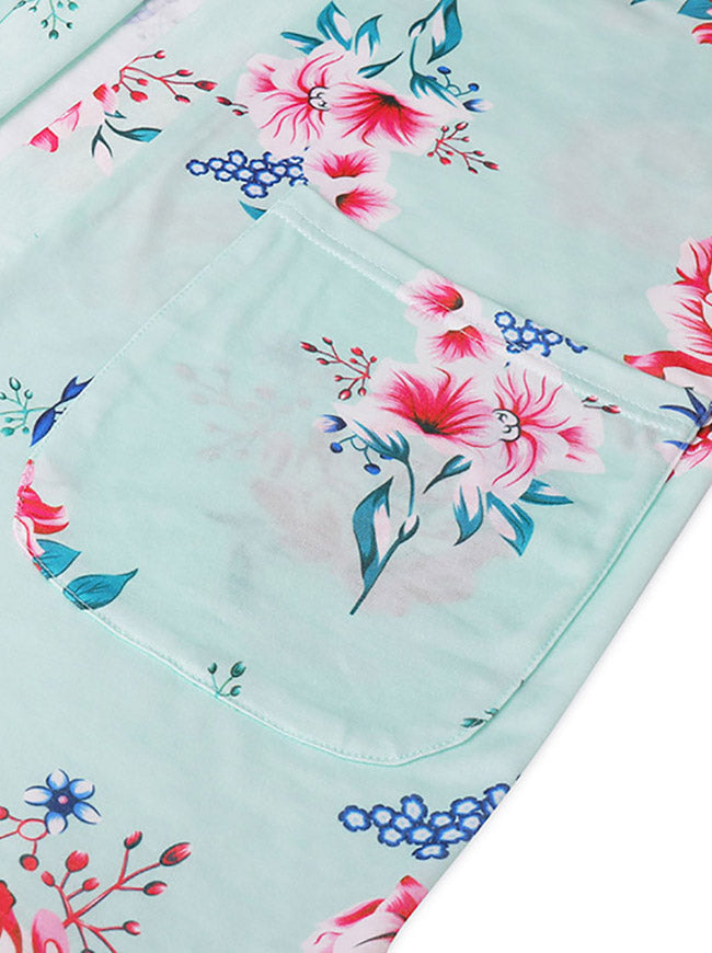 Women's Fashion Floral Print Long Sleeve Shirt Loose Open Front Jacket Green Detail View