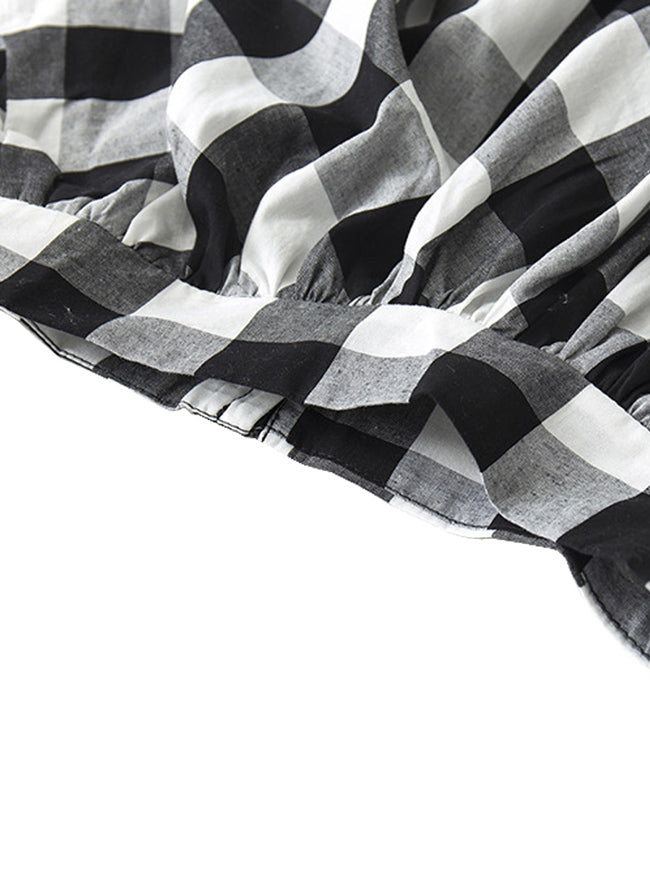 Women's Retro Plaid High Waisted Flared Pleated Skater Full Midi Skirt with Pockets Black/White Detail View