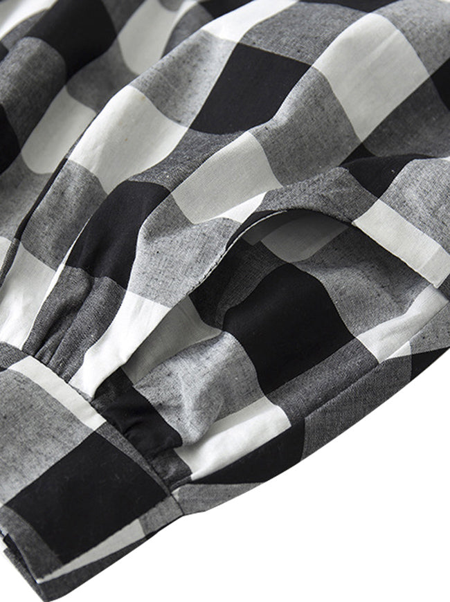 Women's Casual Elastic Waist Plaid A Line Flared Pleated Skater Full Midi Skirt with Pockets Black/White Detail View