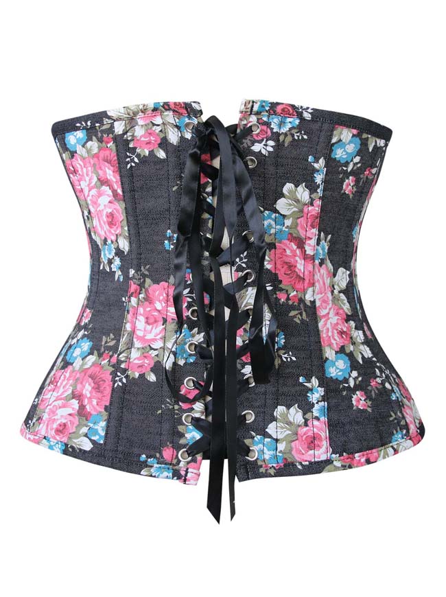 Hot Sale Classical Women Denim Retro Plastic Boned Waist Cincher Underbust Corset Tops Back View