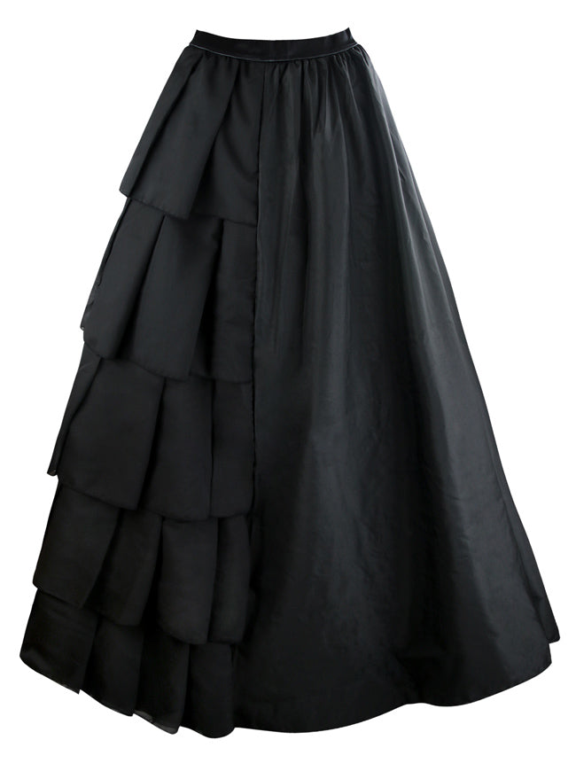 Women's Gothic Satin Layered Ruffles High Waisted Maxi Skirt Dress Black Side View