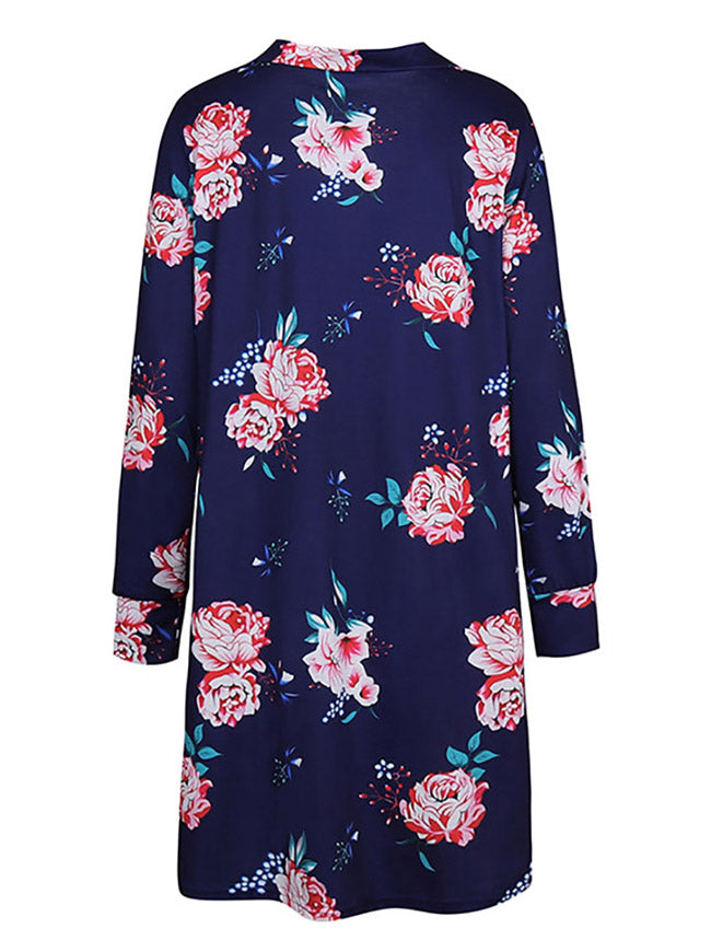 Casual Flower Print Open Front Knit Long Jacket Coats