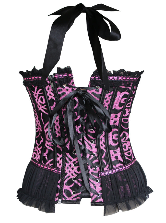 Vintage Retro Ribbon Satin Lace Up Halter Overbust Bustier Corset with Padded