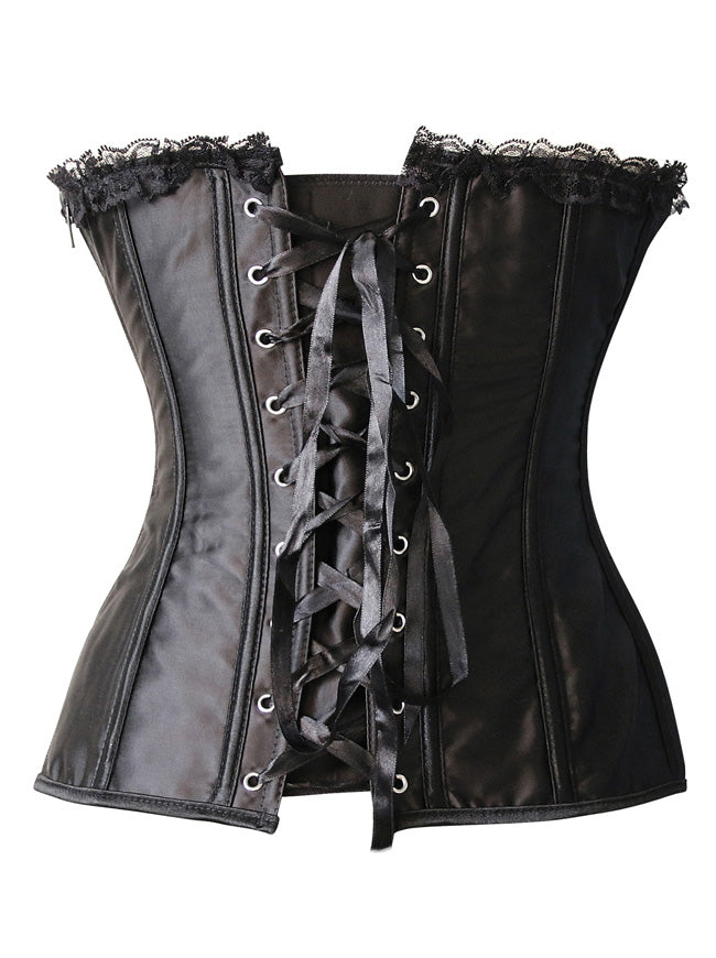 Women's Elegance Satin Pleated Mesh Decorate Strapless Overbust Corset Black Back View
