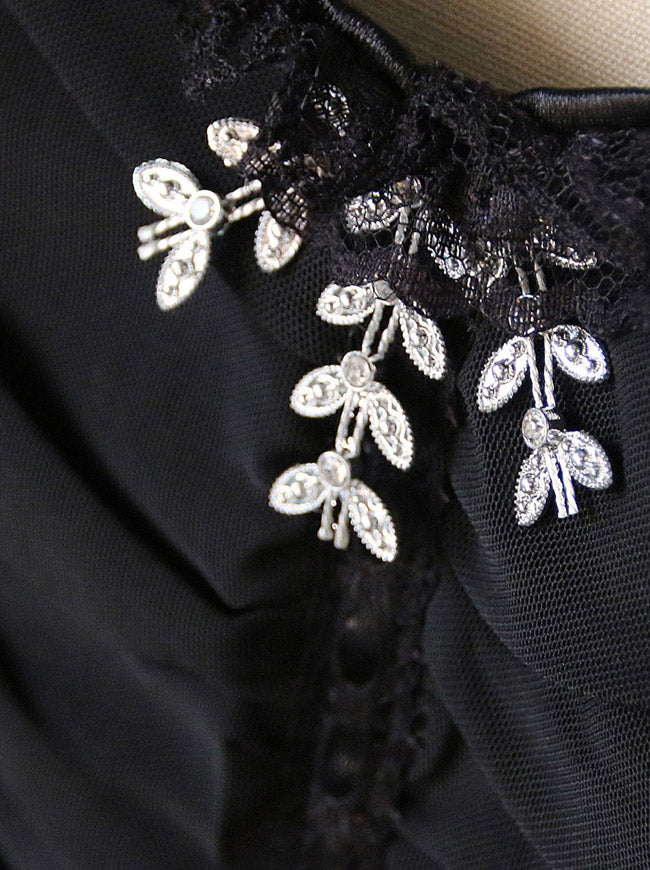 Women's Elegance Satin Pleated Mesh Decorate Strapless Boby Shaper Overbust Corset Black Detail View