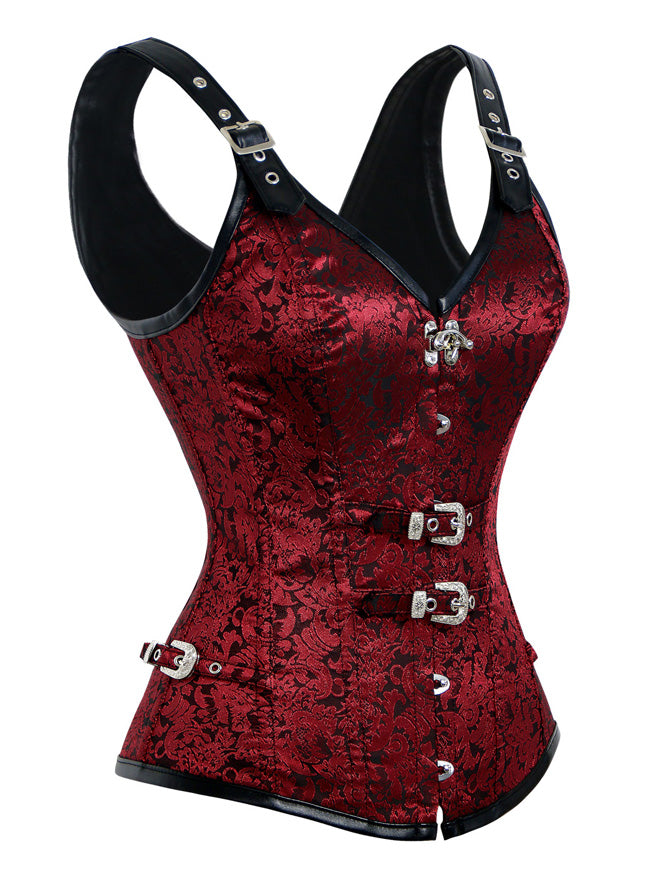Vintage Retro Brocade Jacquard Steel Boned Lace Up Corset Lingerie