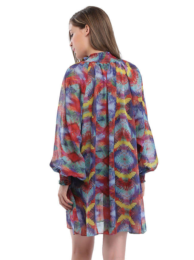 Fashion Casual All-match Women Colorful Floral Workout Picnic Blouse Dress Back View