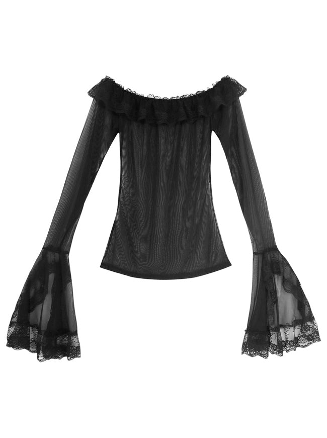 Lace Long Sleeves Elastic Perspective Mesh Off Shoulder Top