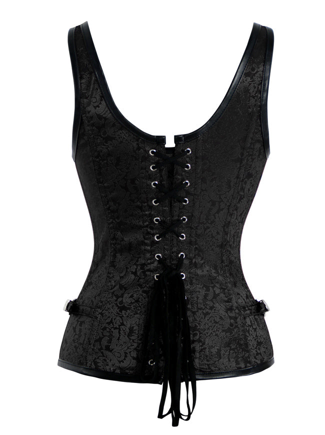 Women's Vintage Spiral Steel Boned Lace Up Waist Trainer Corset Black Back View