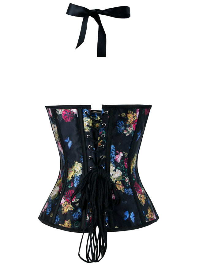 Elegant Classical Women Satin Steampunk Zipper Closure Halter Body Shapewear Overbust Corset Tops Back View