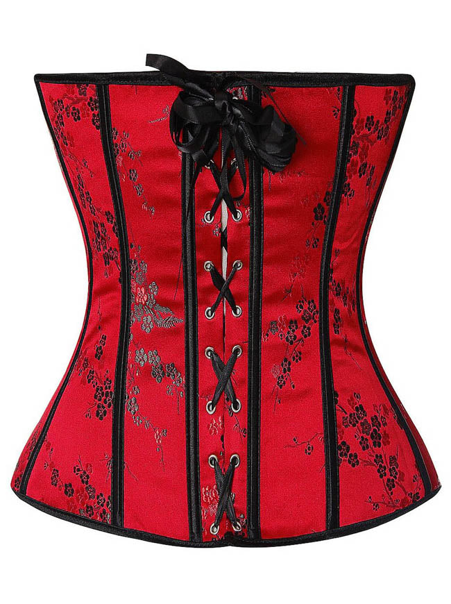 Steampunk Burlesque Women Red Satin Strapless Body Shapewear Overbust Corset Tops Back View