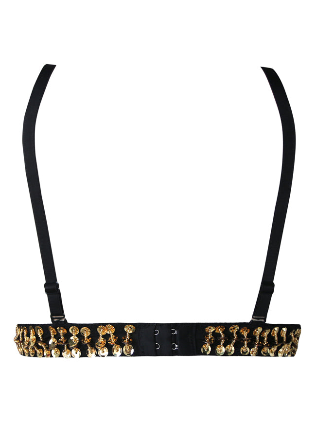 Women's Floral Sequin Bead and Gem Steampunk Goth B Cup Bra Dance Tribal Sport Top Floral-gold Back View