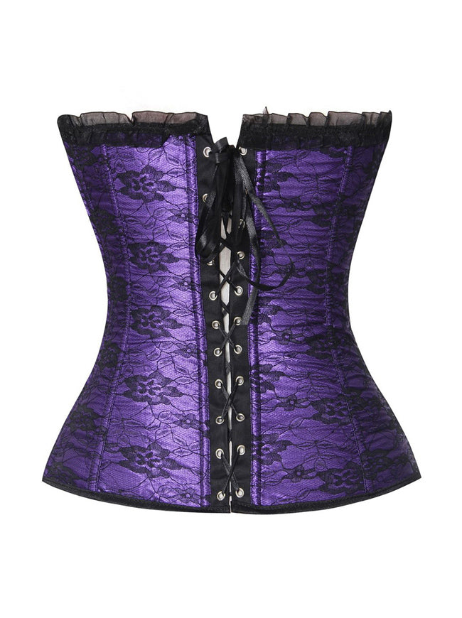 Women's Vintage Retro Floral Lace Overlay Lace Up Outerwear Corset Purple Back View