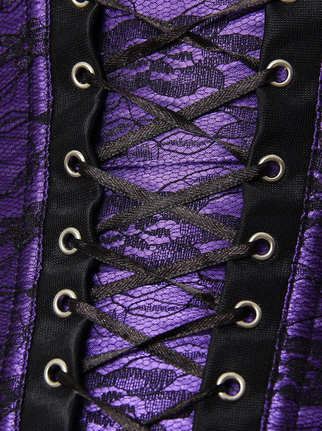 Women's Sexy Beautiful Floral Lace Overlay Lace Up Strapless Outerwear Corset Purple Detail View
