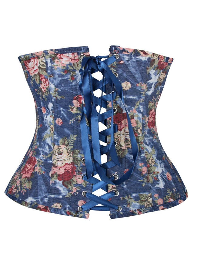 Women's Retro Floral Prints Waist Cincher Training Underbust Corset Blue Back View
