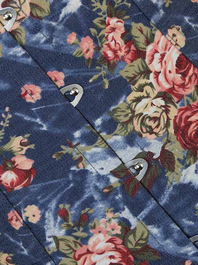 Women's Fashion Floral Prints Denim Waist Cincher Training Lace Up Underbust Corset Blue Detail View