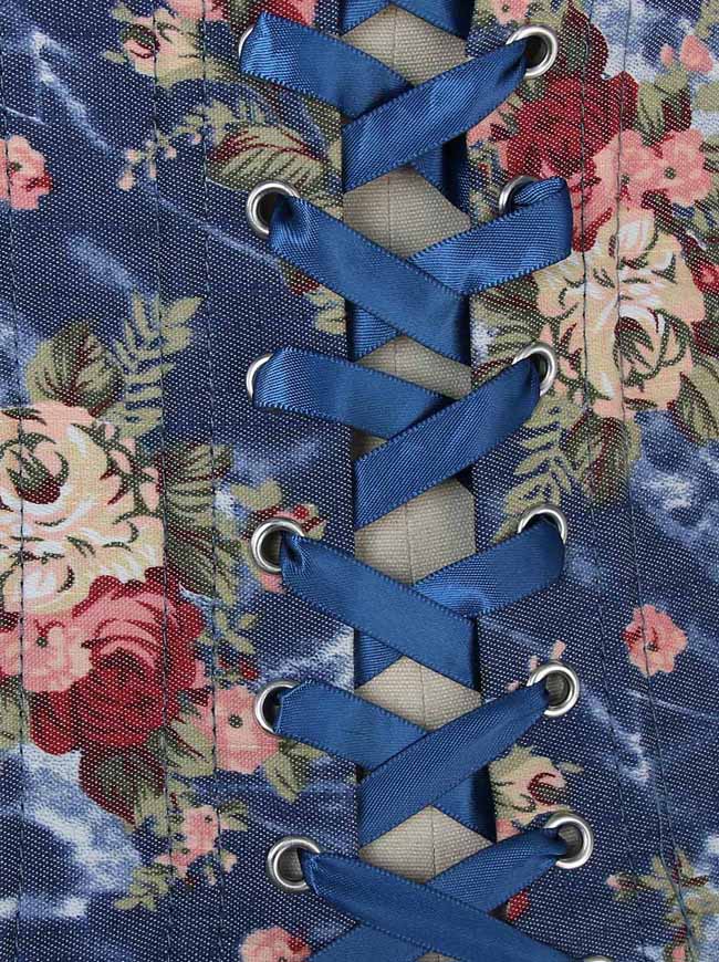 Women's Retro Sexy Floral Prints Denim Waist Cincher Training Lace Up Underbust Corset Blue Detail View