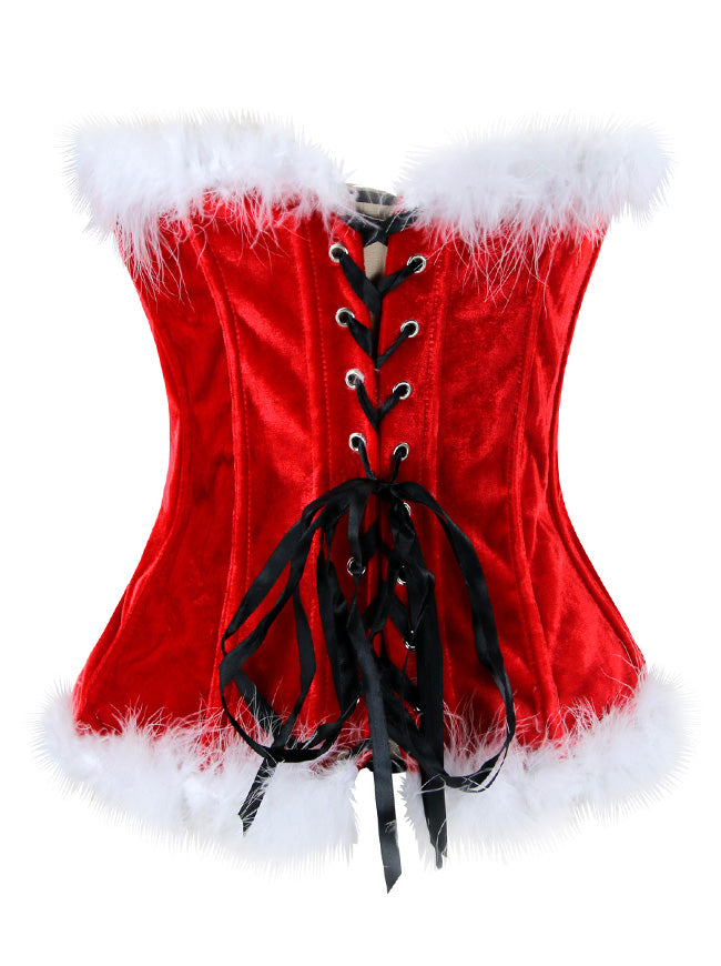 Burlesque Lady Red Velvet Zipper Closure Lace Up Body Shapewear Corset Tops Back View
