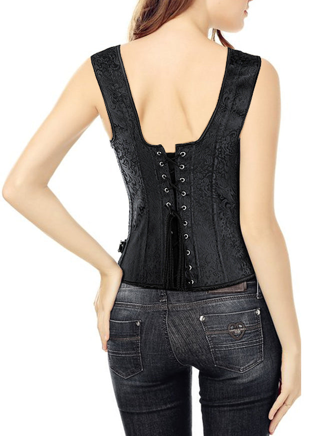 Women's Fashion Spiral Steel Boned Jacquard Deep-V Overbust Corset with Buckles Black Back View