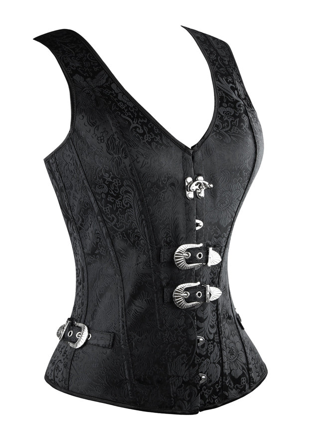 Women's Vintage Spiral Steel Boned Jacquard Overbust Corset Vest Top with Buckles Black Side View