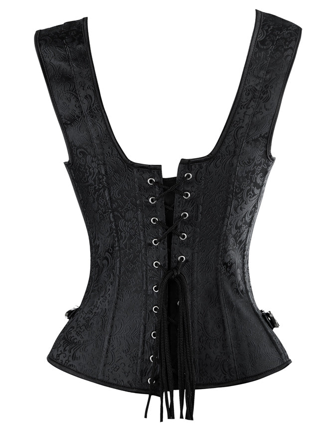 Women's Retro Jacquard Spiral Steel Bones Overbust Cosplay Corset Black Back View