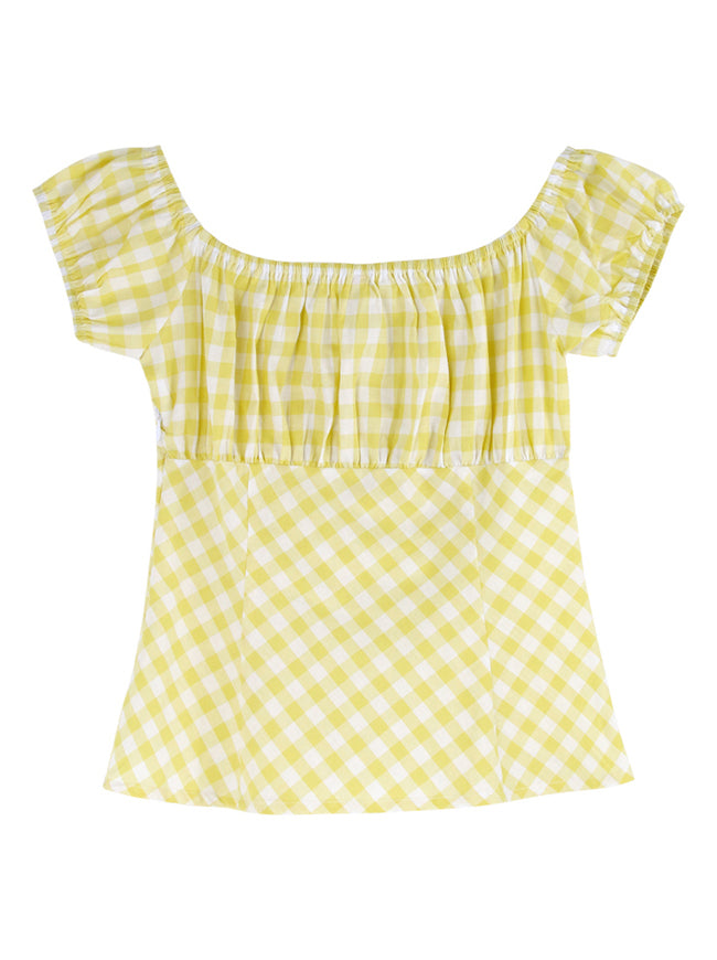 Lovely Ruffle Lady Casual Plaid Picnic Off Shoulder Blouse Top