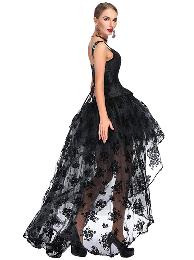 Women's Renaissance Costume Steampunk Jacquard Tank Overbust Corset with High Low Skirt Set Black Side View
