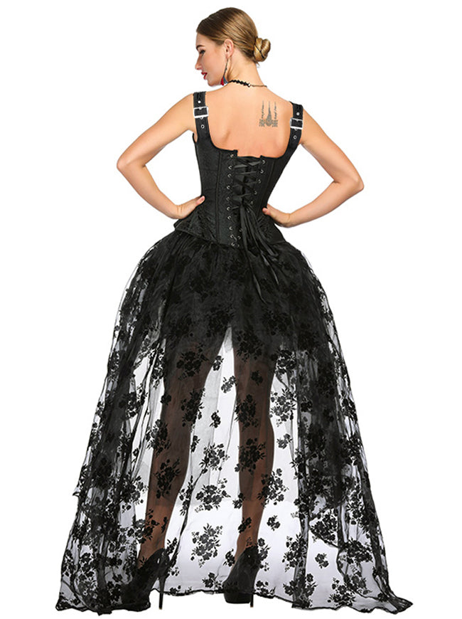 Women's Fashion Jacquard Tank Overbust Corset with High Low Skirt Set Black Back View