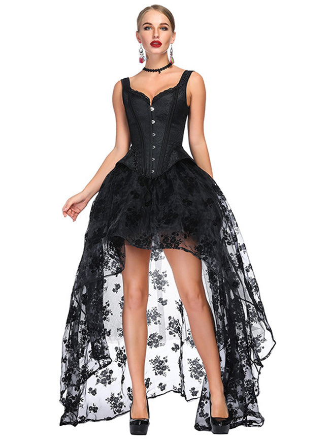 Women's Victorian Jacquard Tank Overbust Corset with High Low Skirt Set Black Main View