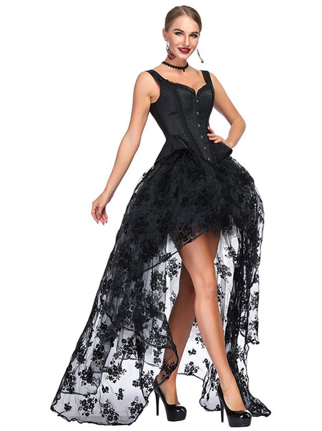 Women's Retro Jacquard Tank Overbust Spaghetti Straps Corset with High Low Skirt Set Black Side View