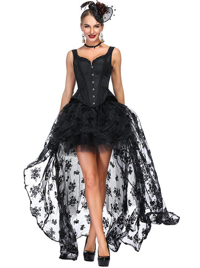 Women's Steampunk Jacquard Tank Overbust Spaghetti Straps Corset with High Low Skirt Set Black Main View