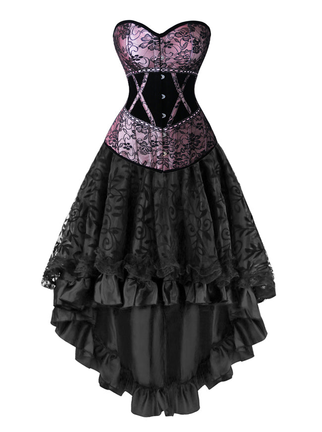 Retro Burlesque Lace Clubwear Dance Daily Cosplay Party Strapless Overbust Corset with Hi-Low Skirt Set Main View