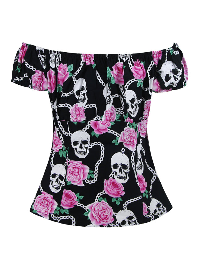 Women's Short Sleeves Ruffled Skull and Flower Print Fashion Off Shoulder T-shirt Black/Skull Back View