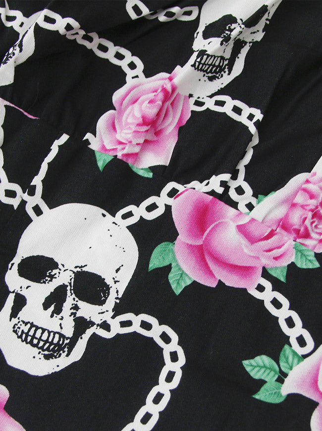 Women's Gothic Short Sleeves Ruffled Skull and Flower Print Off Shoulder T-shirt Halloween Blouse Black/Skull Detail View