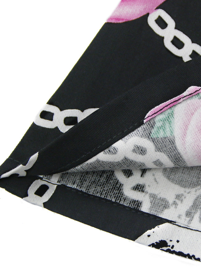 Women's Vintage Short Sleeves Ruffled Skull and Flower Print Casual Off Shoulder T-shirt Black/Skull Detail View