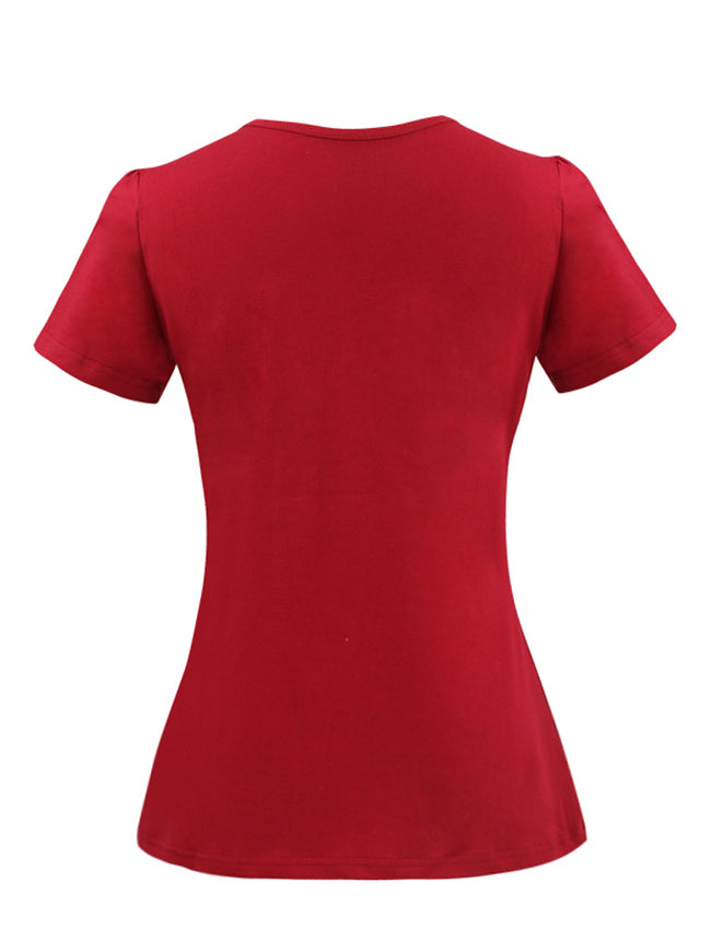 Women's Vintage Casual Short Sleeve Solid Pinup V-Neck T-Shirt Tops Red Main View