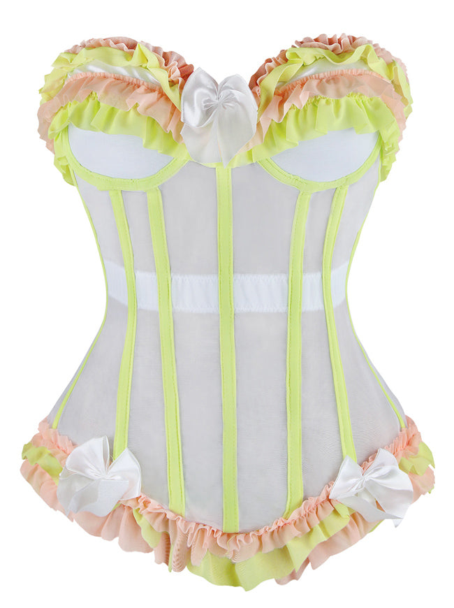 Sweetheart Mesh Ruffle Waist Cincher Overbust Corset Bustier Top