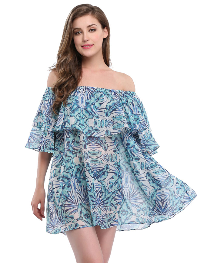 Women's Casual Floral Print Off the Shoulder Chiffon Top Blue Main View