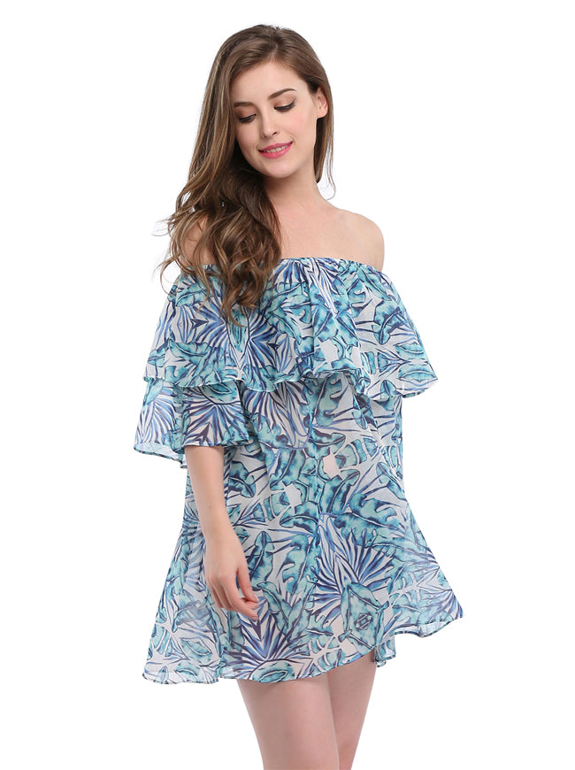 Women's Fashion Floral Print Off the Shoulder Short Sleeves Chiffon Blouse Loose Tops Blue Side View